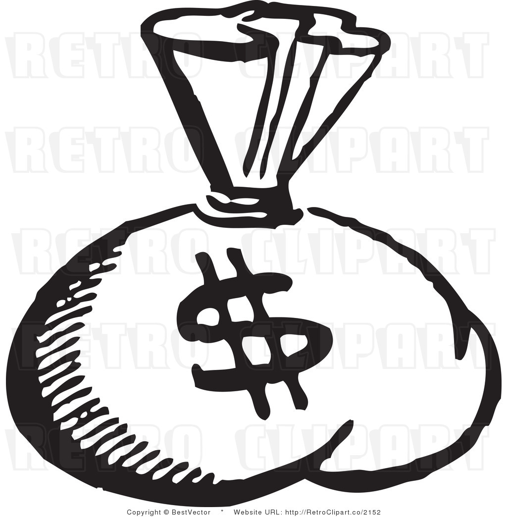 Royalty Free Black And White Vector Clip Art Of A Big Retro Money Sack