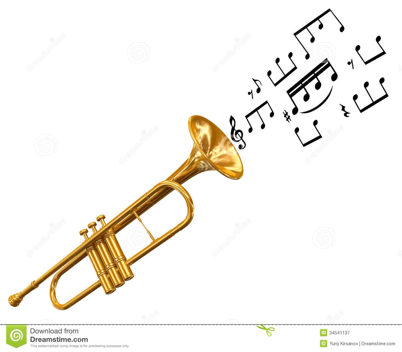 Trumpet With Music Notes  Clipping Path Included  Royalty Free Stock    