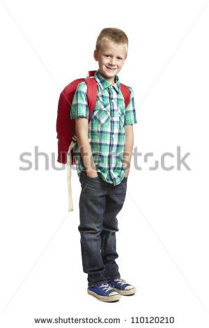 Year Old School Boy With Backpack On White Background   Stock Photo