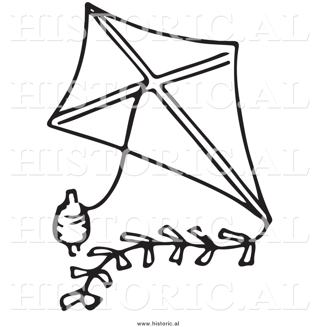 Clipart Of A Classic Kite With String   Black And White Drawing By Al