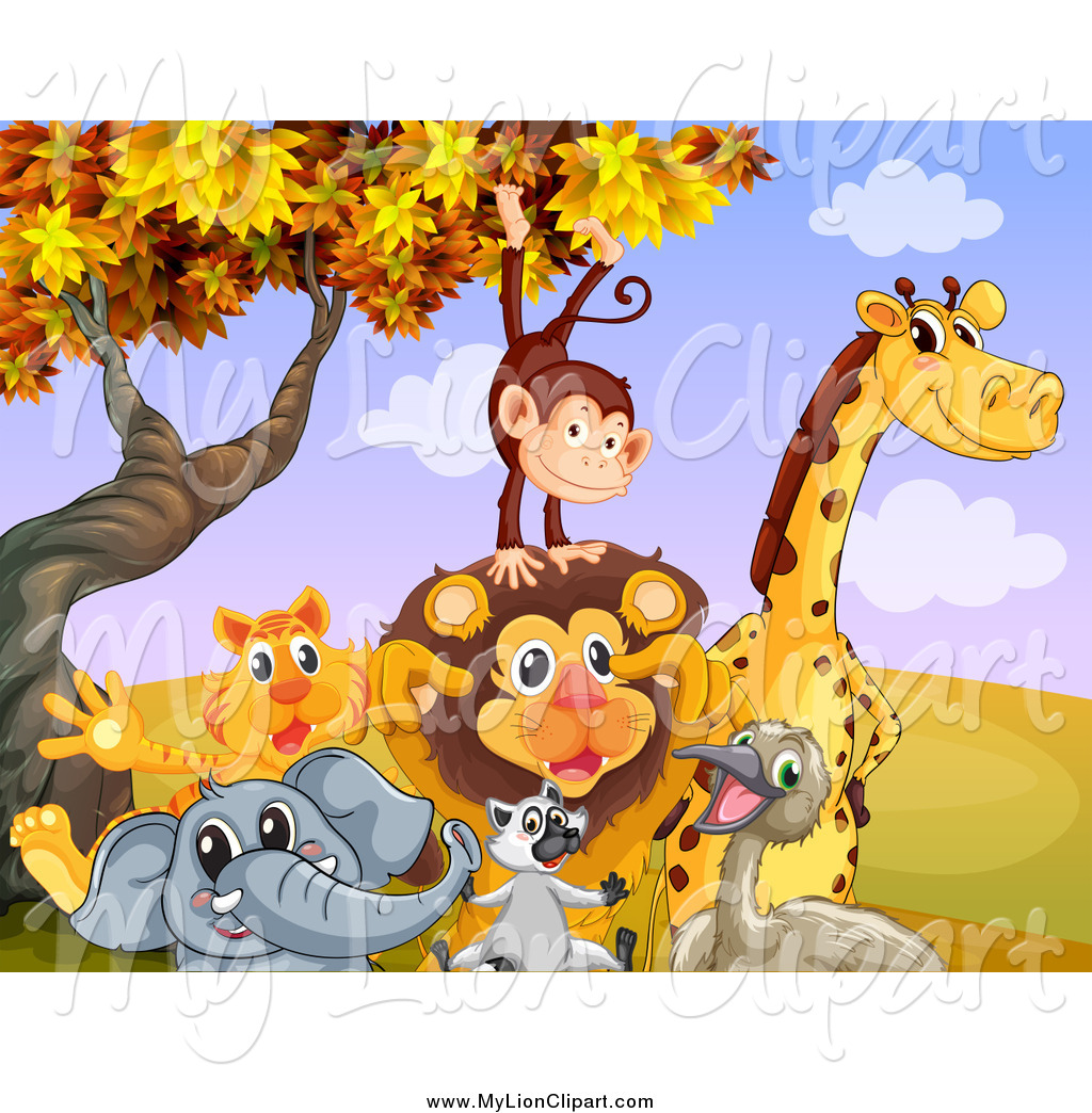 Clipart Of A Lion And Group Of Wild Animals Under An Autumn Tree By