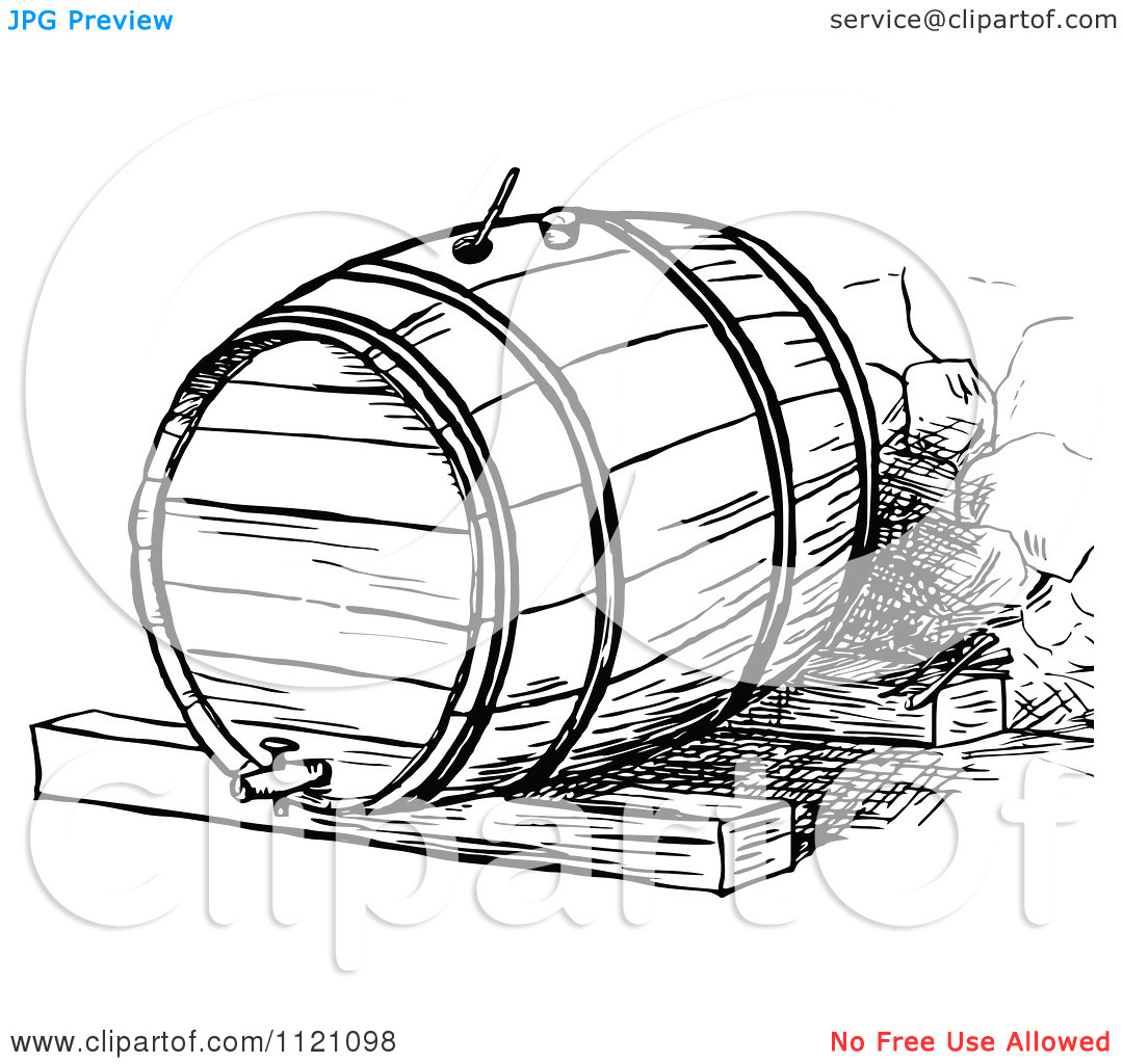 Clipart Of A Retro Vintage Black And White Beer Or Wine Barrel    