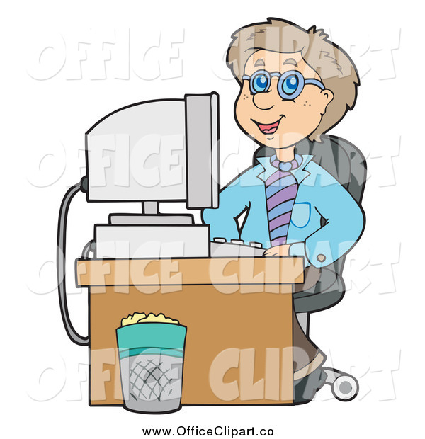 Clip Art Of A Happy Caucasian Businessman Seated At His Computer Desk