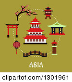 Clipart Of A Flat Modern Design Of A Japanese Pagoda And Items With
