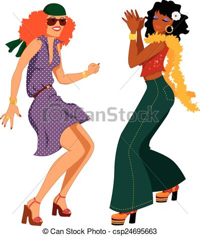 Dos Joven Mujer Vestido 1970s Moda Bailando Disco Vector Ilustraci N