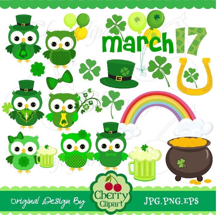 Saint Patrick S Day Cute Owls Digital Clipart Set  St Patricks Day