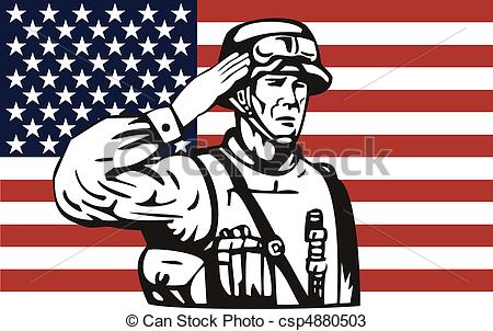 Stock Illustration   American Soldier Saluting American Flag   Stock