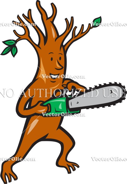 Tree Man Holding Chainsaw   Royalty Free Cartoon Vectors