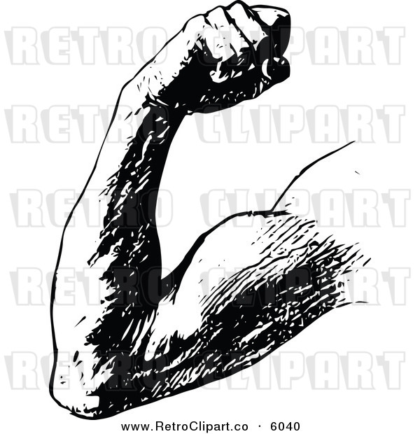 Vector Clipart Of A Retro Black And White Arm Flexing A Bicep Muscle    