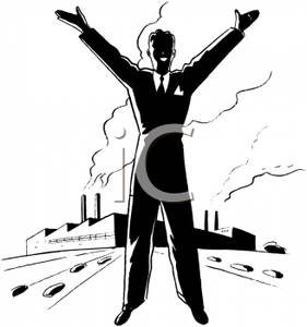 Black And White Cartoon Businessman Celebrating In Front Factory