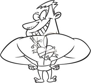Black And White Cartoon Of A Man With A Heart And Dagger Tattoo