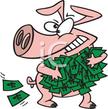 Cartoon Of A Greedy Pig Holding A Wad Of Cash   Royalty Free Clip Art    