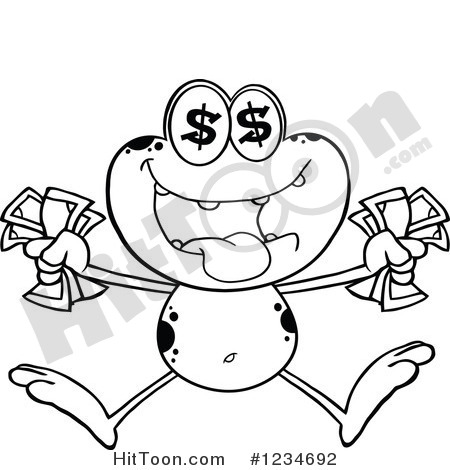 Clipart Of A Black And White Greedy Frog Character With Cash Money And