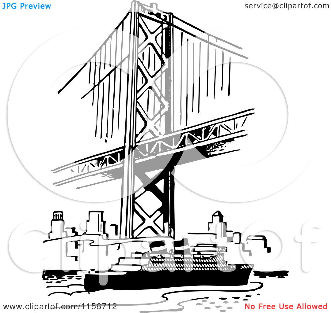 Clipart Of A Black And White Retro Ship Under A Bridge   Royalty Free