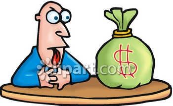 Greedy Man Looking At A Sack Of Money   Royalty Free Clipart Picture