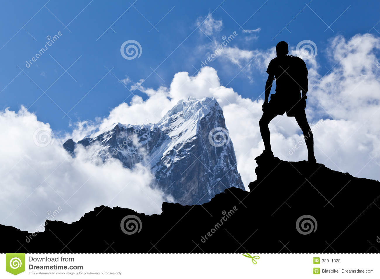 In Himalaya Mountains  Male Hiker With Backpack On Top Of Mountain    
