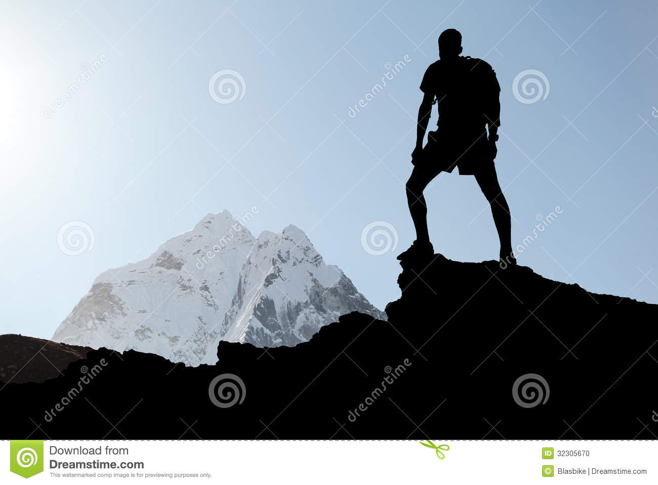 In Himalaya Mountains  Male Hiker With Backpack On Top Of Mountain