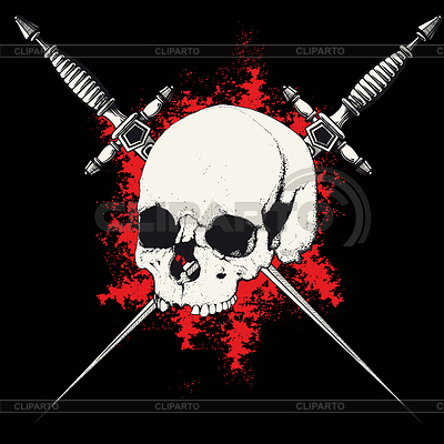 Skull With Two Crossed Daggers On Black And Red Background    