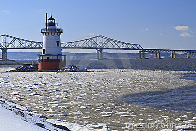 Sleepy Hollow Lighthouse In Front Of The Tappan Zee Bridge On An Icy