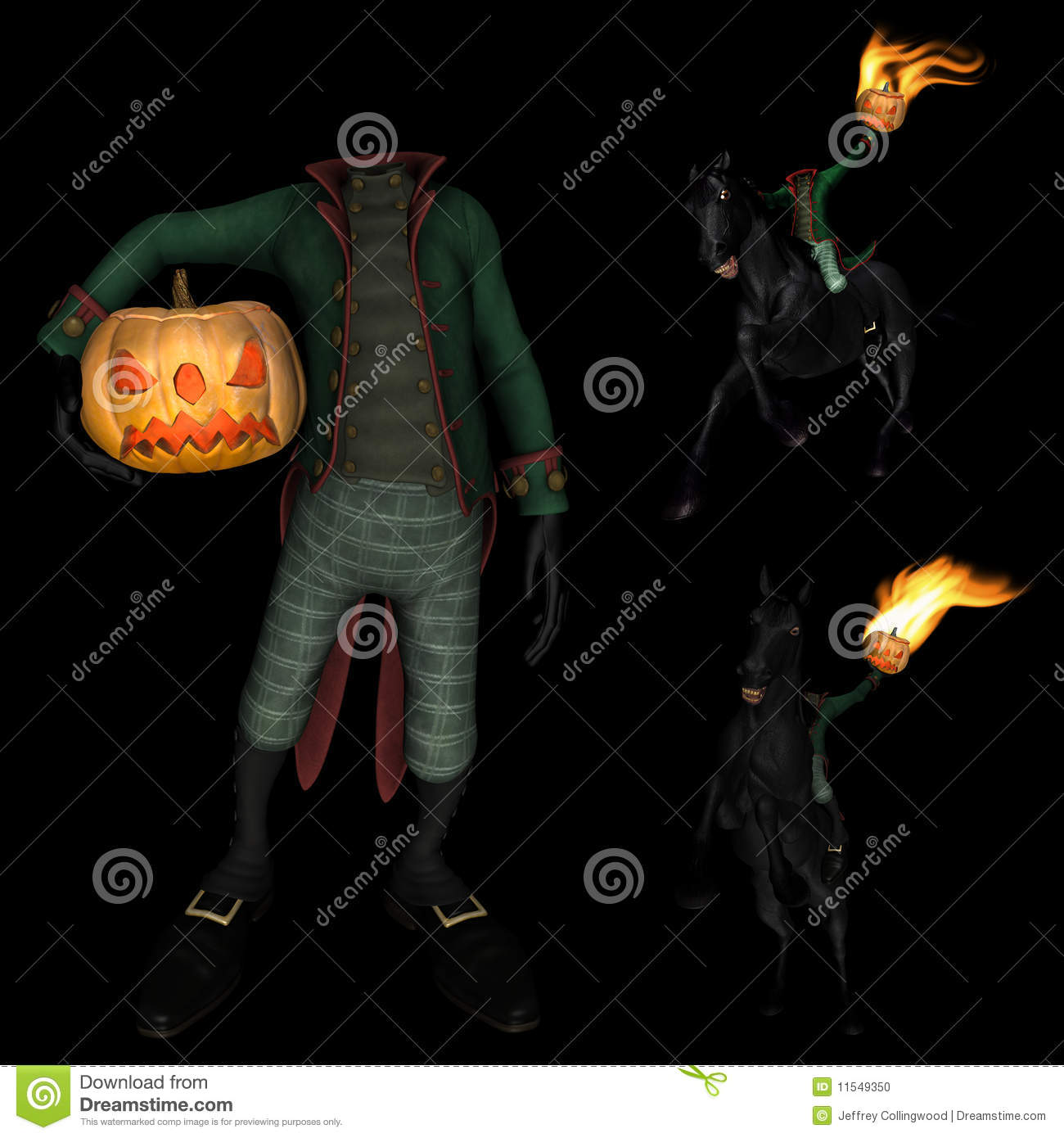 Three Images Of A Headless Horseman Carrying Jack O  Lantern Isolated