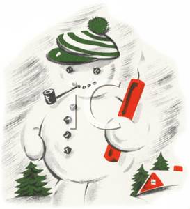 Vintage Cartoon Of A Snowman Wearing A Cap With A Corncob Pipe In His    