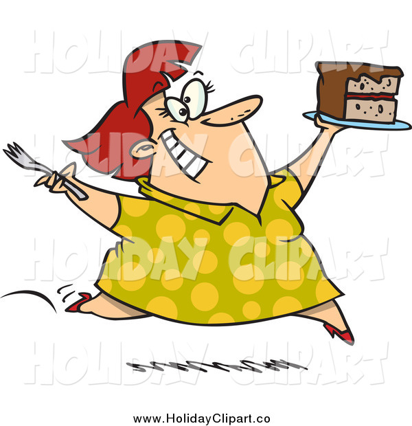 Clip Art Of A Red Haired Chubby Woman Running With Birthday Cake