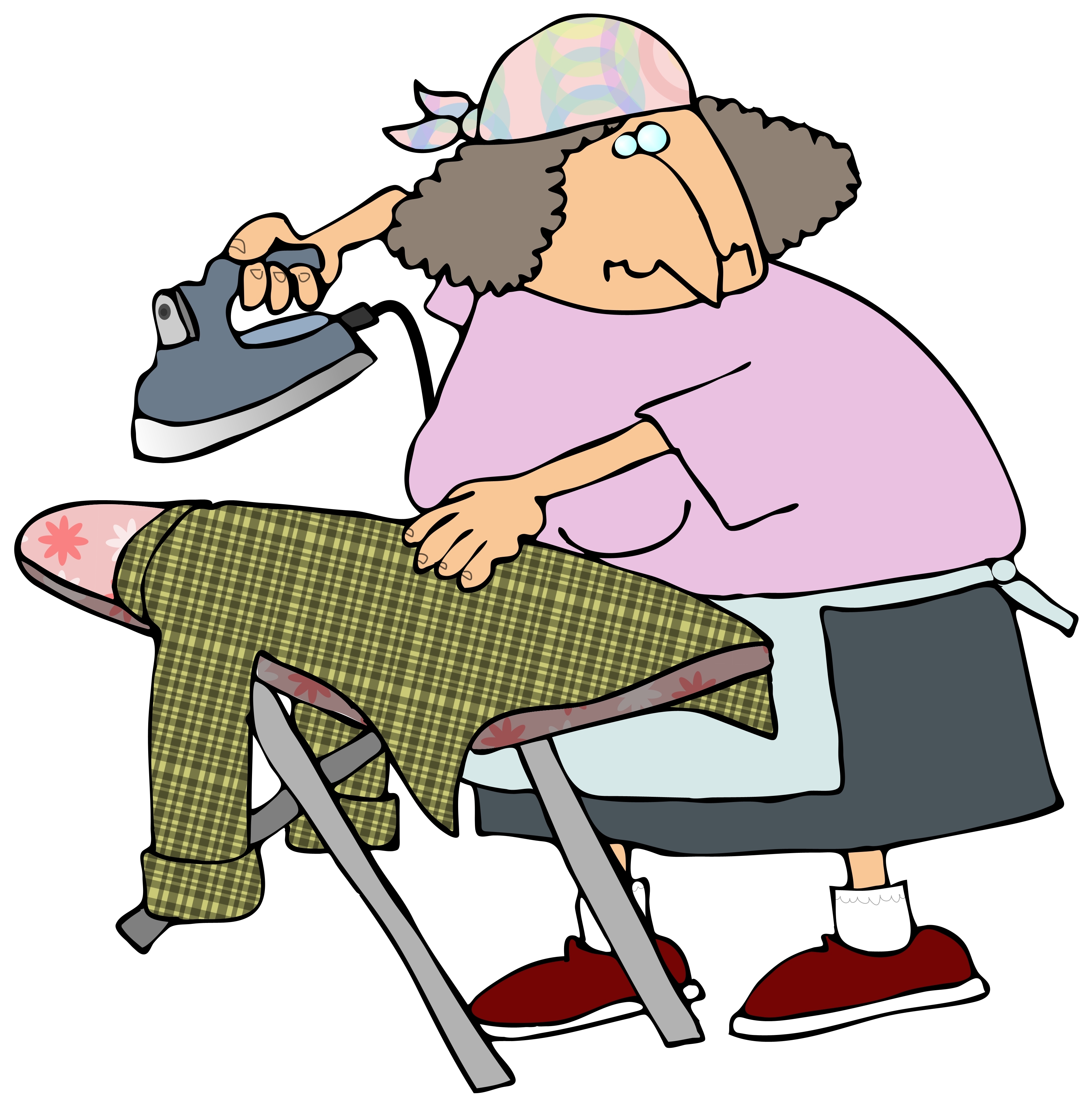 Woman Ironing A Shirt On An Ironing Table While Watching Tv Clipart    