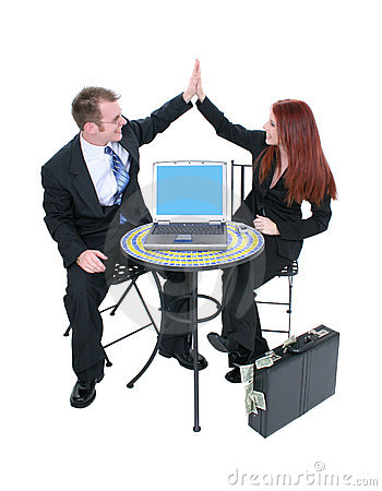 Attractive Business Team At Bistro Table Giving High Five  Laptop