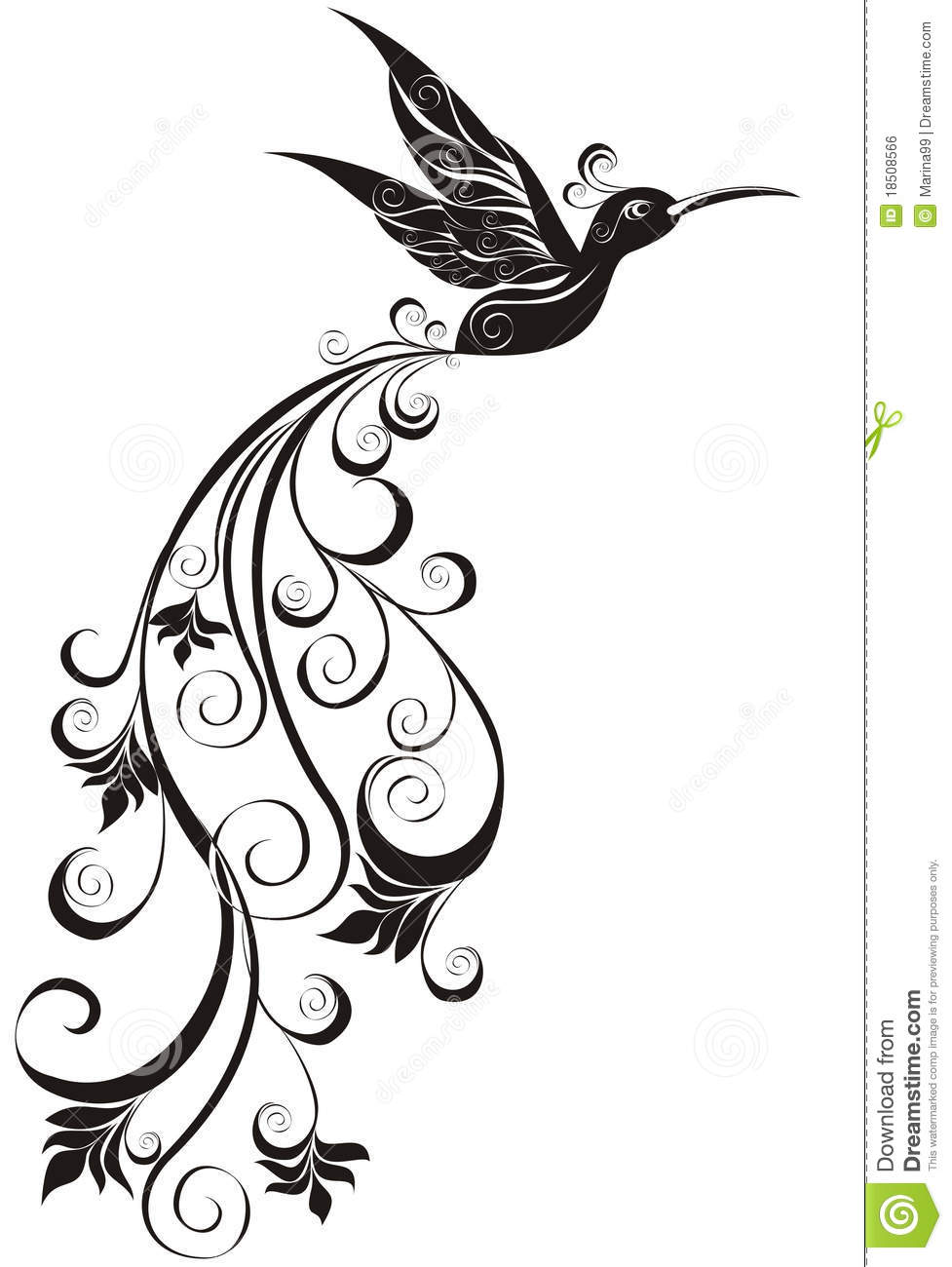 Black And White Tattoo Hummingbird With A Flower Tail  Vector    