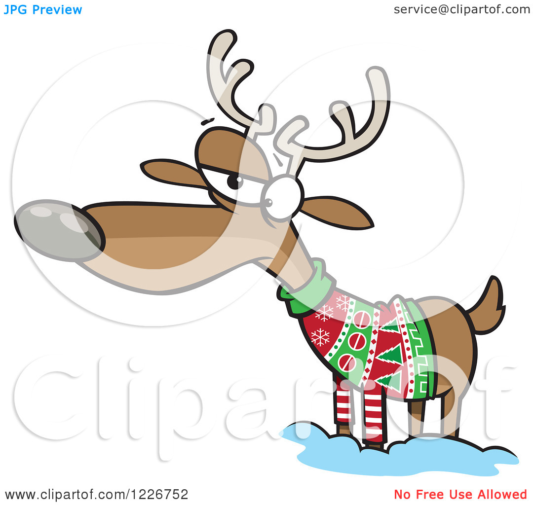 Clipart Of A Cartoon Unhappy Reindeer In An Ugly Christmas Sweater    