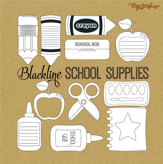School Supplies Black White Clipart Digital Graphics Instant Download