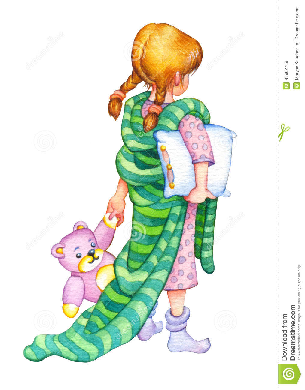 Watercolor Illustration  Girl Go To Bed Stock Illustration   Image