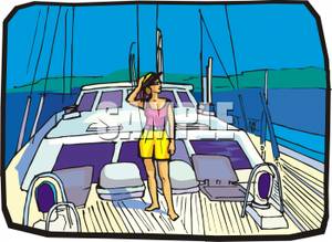 Woman Standing On The Deck Of A Yacht   Royalty Free Clipart Picture