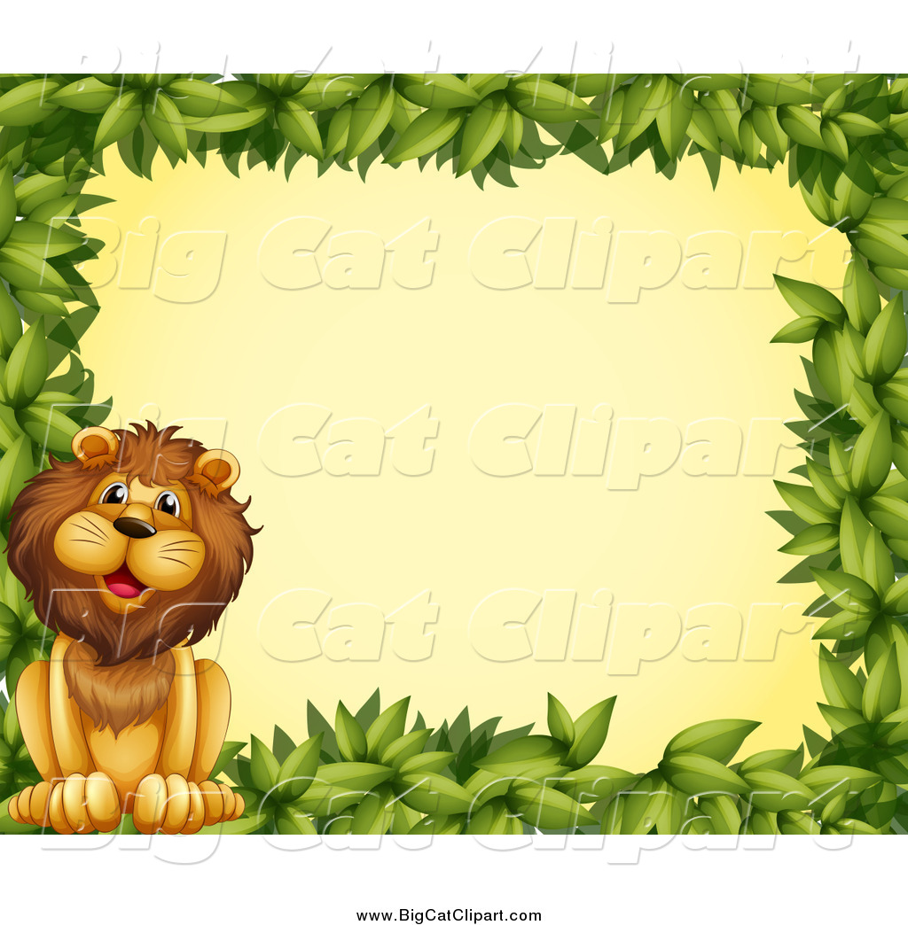 Big Cat Cartoon Vector Clipart Of A Green Leaf Border And A Lion Over    