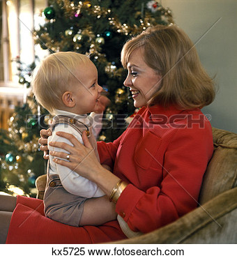 Of 1970 1970s Woman Mother Smiling Baby Lap Parent Parenting Christmas