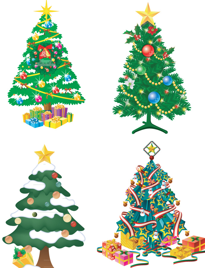 Set Of 4 Vector Christmas Tree Illustrations With Gifts And
