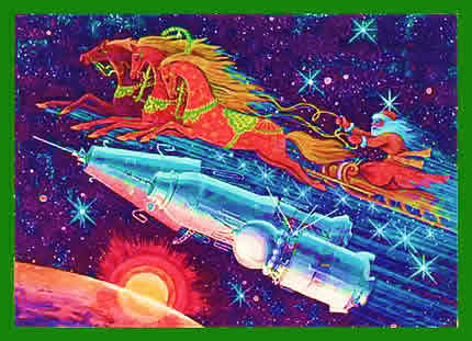 Space Christmas Card With Santa On A Magical Rocket Powered Sled