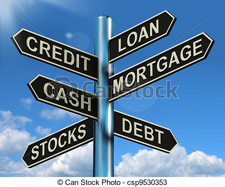 Stock Illustration   Credit Loan Mortgage Signpost Showing Borrowing