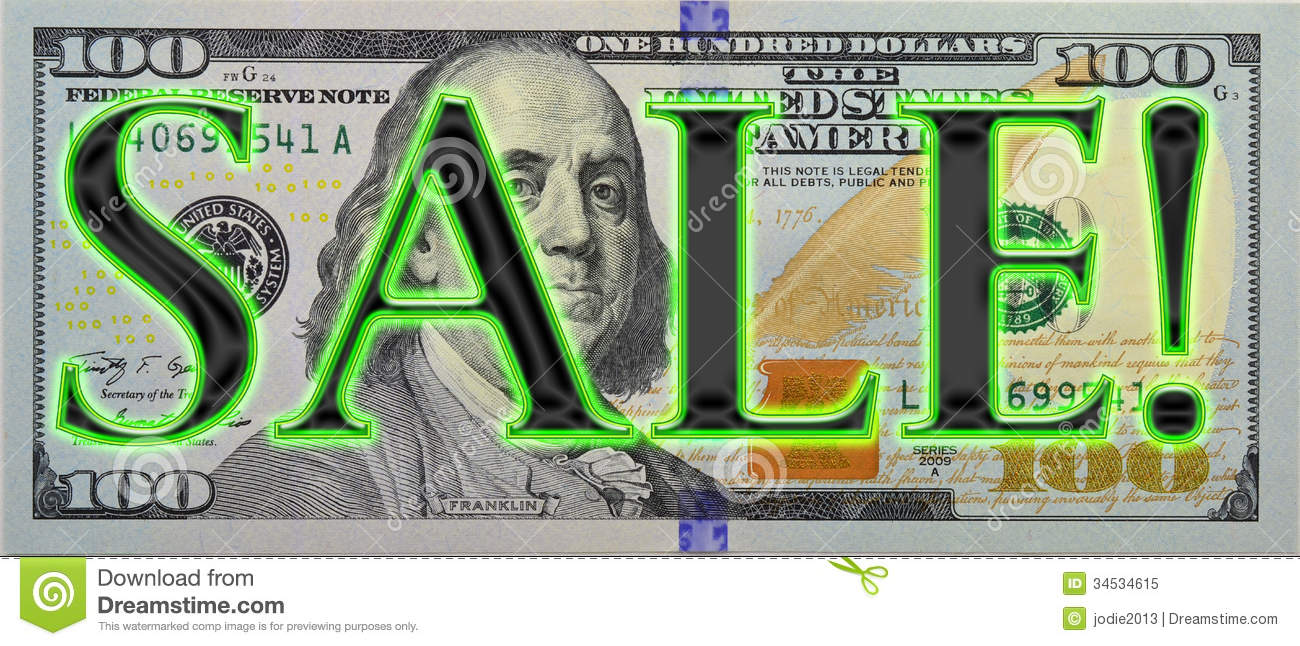 The New  100 Bill With The Word Sale In Capital Letters And Outlined