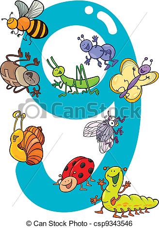 Vector Of Number Nine And 9 Insects   Cartoon Illustration With Number
