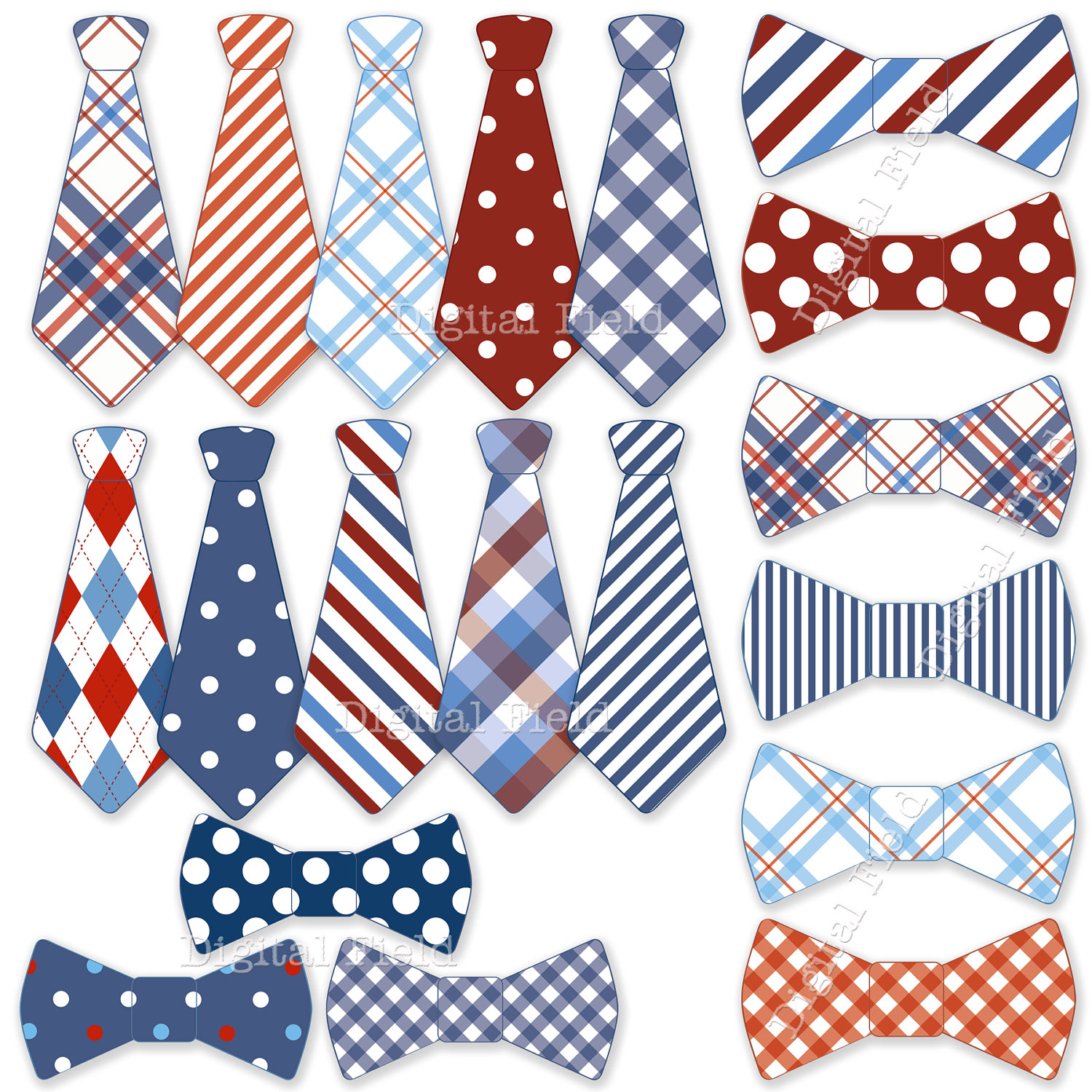 And Tie Bow Clip Art Set   Blue White Red Printable Digital Clipart