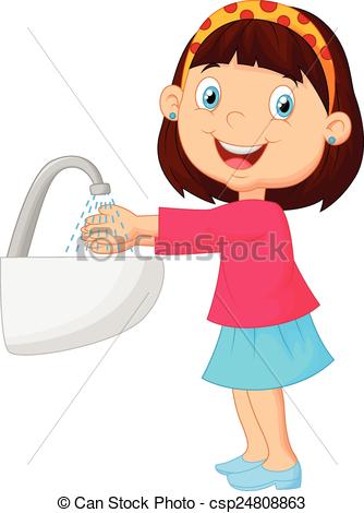 Clip Art Vector Of Cute Cartoon Girl Washing Her Hands   Vector