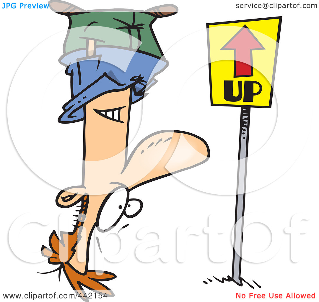 Illustration Of A Cartoon Reversed Man Upside Down Facing An Up Sign