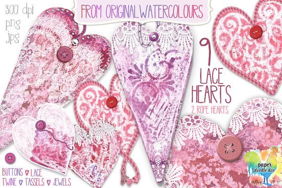 Lace Hearts Clipart Design Set   Hearts Clipart   Watercolour Hearts
