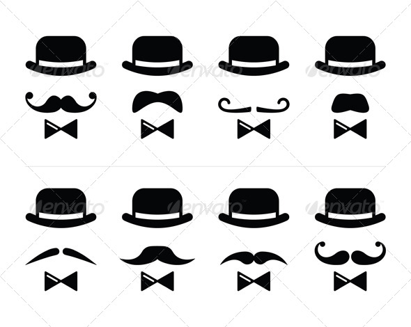 Vector Icons Set   Man With Bowler Hat And Mustache Isolated On