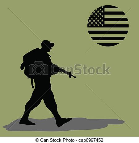 Vector Illustration Of Silhouette Of An Army Soldier Walking On Green