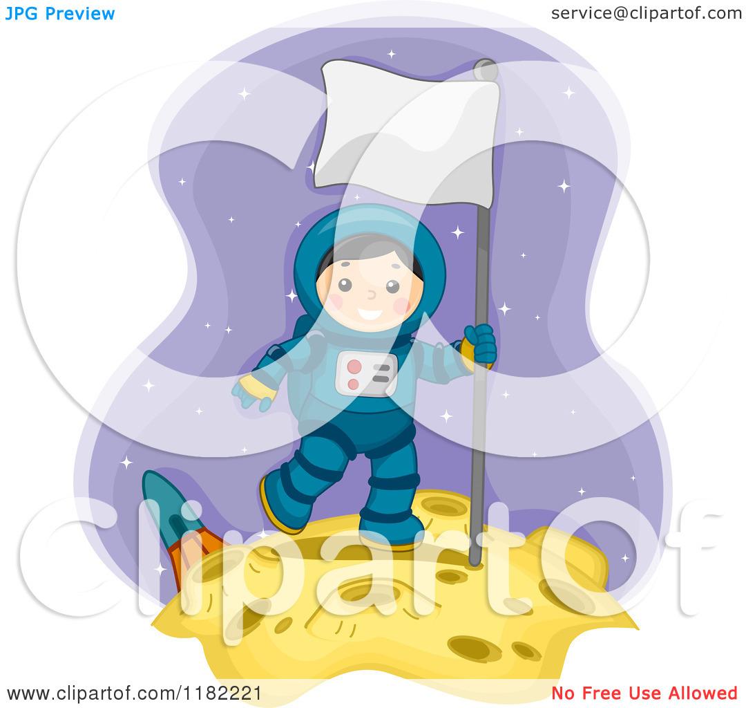 Cartoon Of A Happy Astronaut Boy With A Sign On The Moon   Royalty