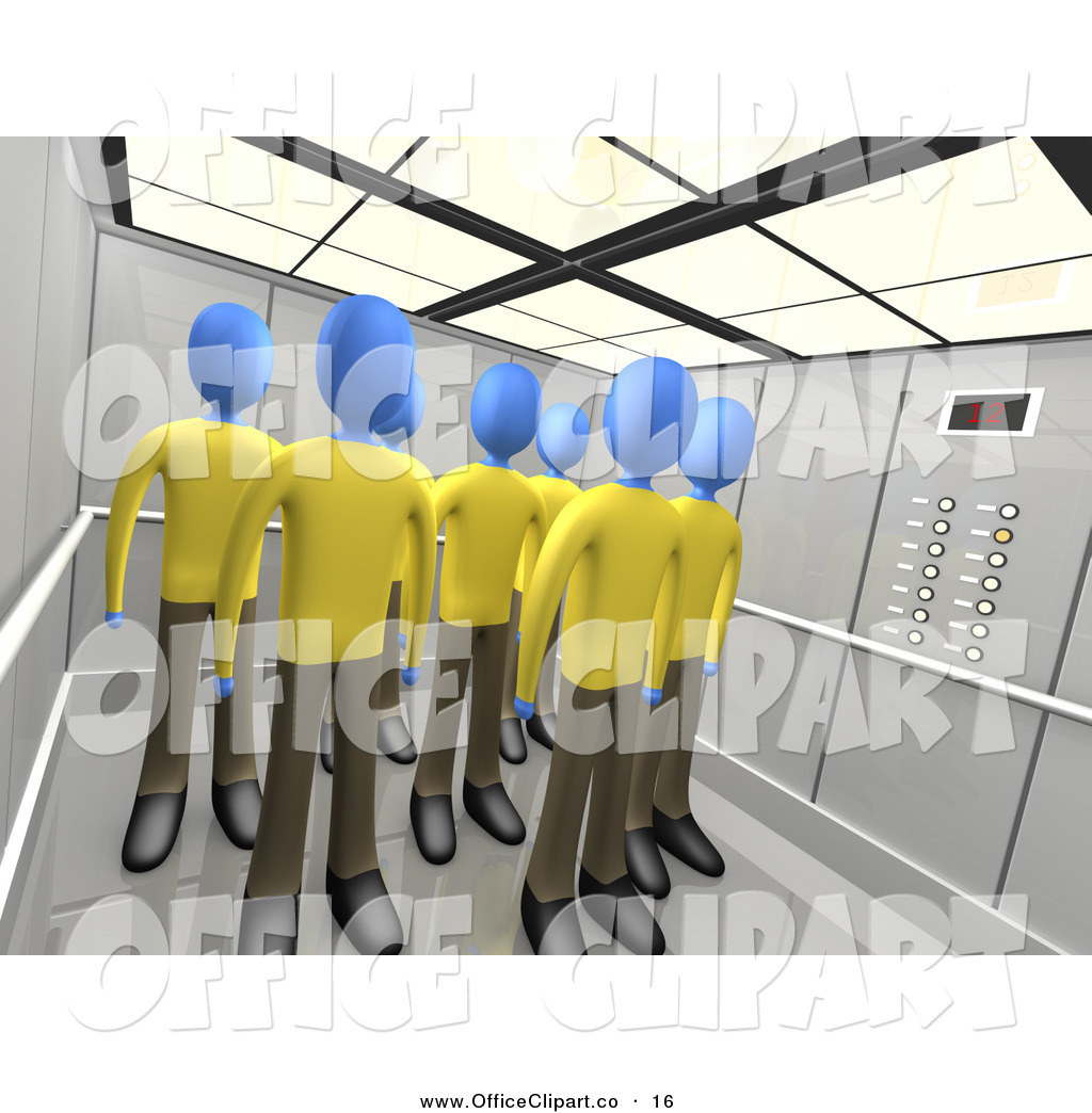 Group Of Blue People In The Same Uniforms Standing In An Elevator