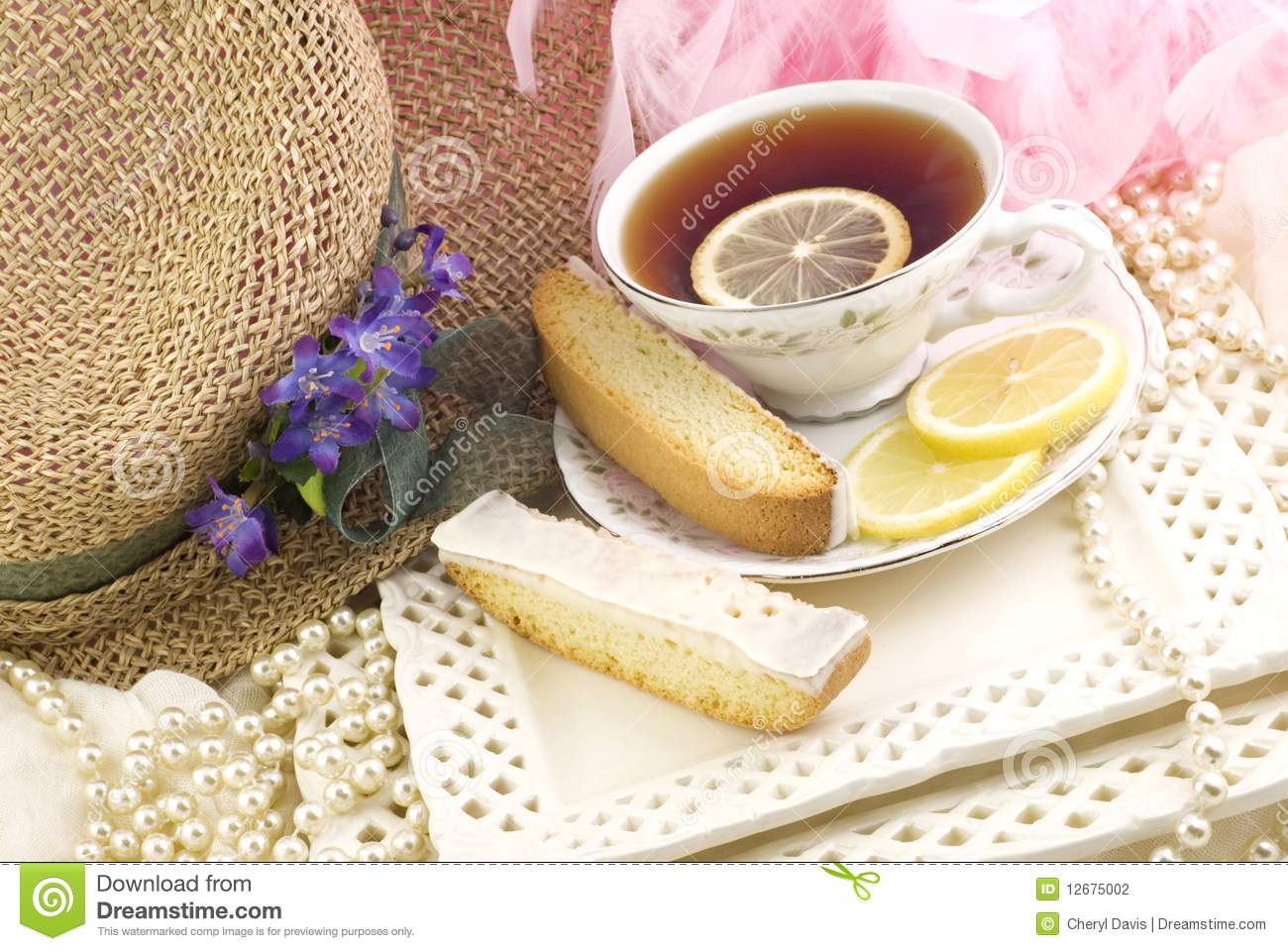 Ladies Tea Party With A Cup Of Tea Served On Fine China Fresh Lemon