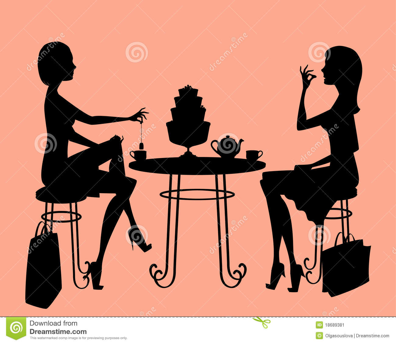 Silhouette Of Two Ladies Drinking Tea After A Long Day Shopping  Items